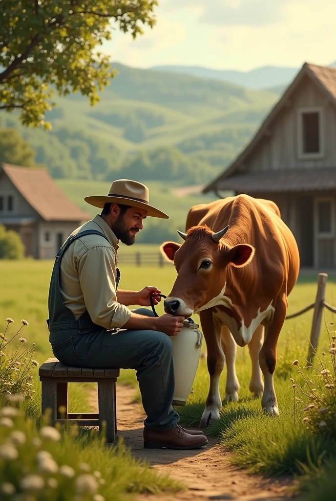 Farmer milking cow on beautiful farm