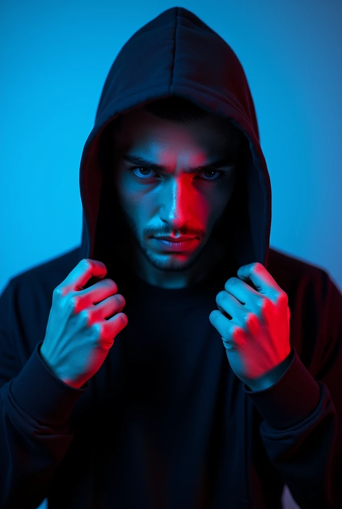 a handsome guy、serious expression、please close your mouth、He is wearing a black hoodie and has his hood up.、Grabbing the hood with both hands、cool look、blue neon light、Highly Detailed CG Unity 8K Wallpaper, (super masterpiece, beautiful person, well detailed face polluted smile, It's photorealistic, hyper realistic)