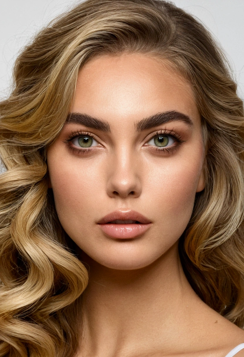 jeune femme, Grands yeux verts, avec de longs cils, un visage fin, une bouche pulpeuse, un petit nez. un corps fin avec une grosse poitrine et des grosse fesse . Un. Balayage blond dans les cheveux.
