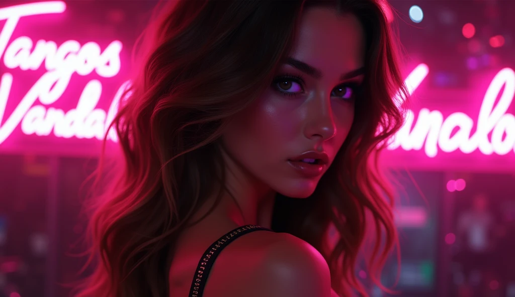 Sexy woman, sensual look, Profile, wavy brown hair. Add a discreet pink neon sign that literally says tangos vandalos to the electronic party scene.