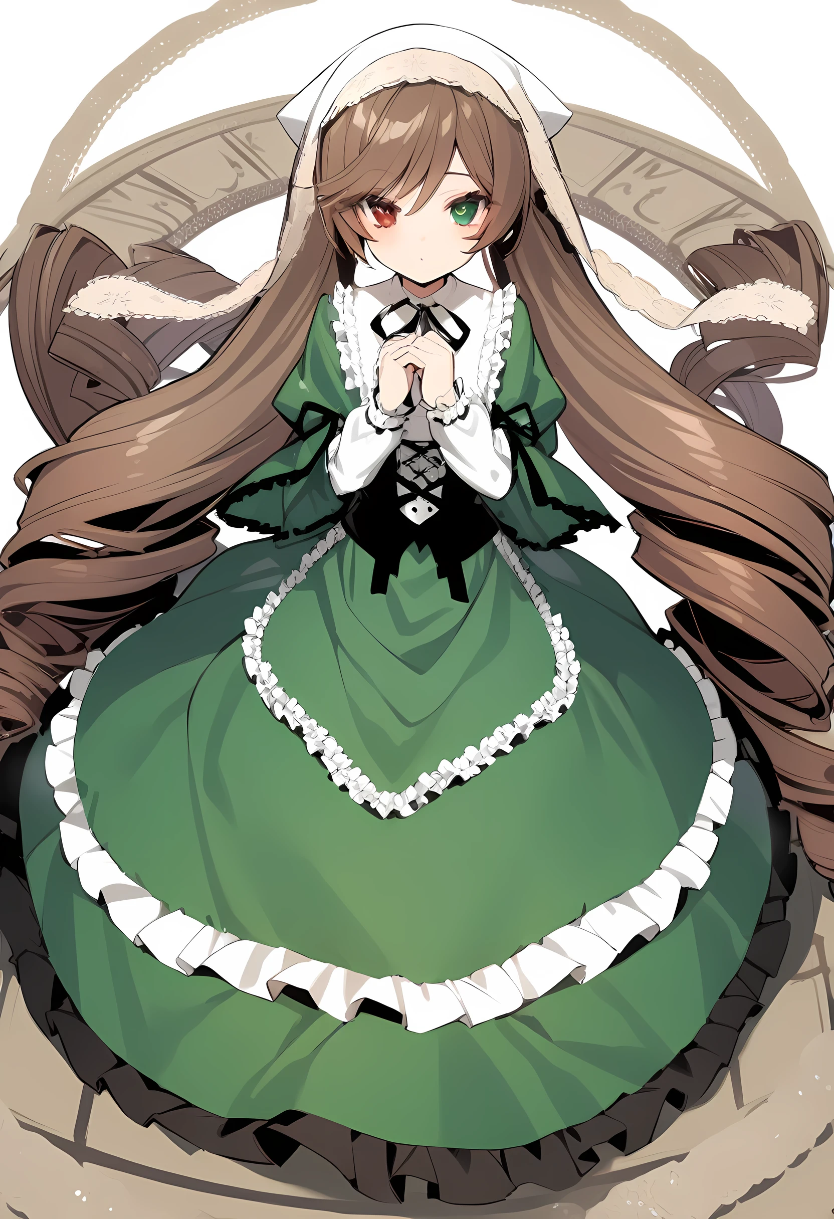 suiseiseki, alone, Long Hair, Heterochromia iridis, very Long Hair, Brown Hair, Green Eyes, dress, gear, Red eyes, Have, green dress, Twin tails, Frills, ribbon, with own hands, corset, Long sleeve, View your viewers, Drill Hair, hair band, absurdly Long Hair, Hold my hand tightly, , masterpiece, Highest quality, slow,  