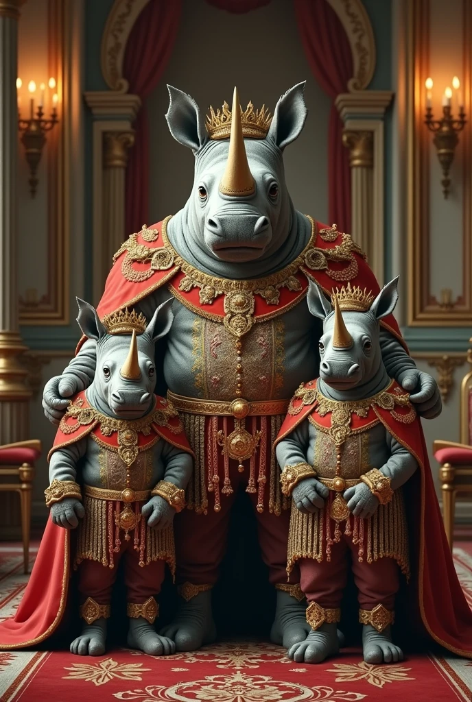 Royal 4 member family of rhinos(mom dad 2 sons) with royal costume in palace