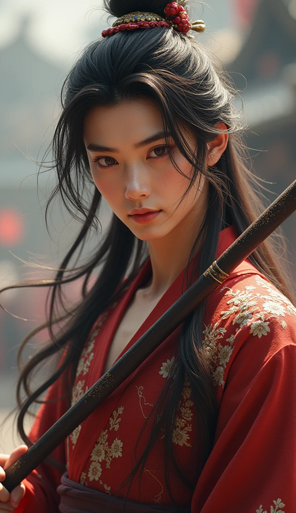 (Best Quality, 8k, masterpiece :1.3), Handsome young man with perfect figure and long hair. :1.4, Zhong Li, Zhongli, Dark brown hair, puffed out chest, genshin impact, ruined, in the hands of a spear, Highly detailed face and skin., detailed eyes, double eyelid