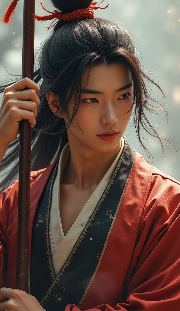 (Best Quality, 8k, masterpiece :1.3), Handsome young man with perfect figure and long hair. :1.4, Zhong Li, Zhongli, Dark brown hair, puffed out chest, genshin impact, ruined, in the hands of a spear, Highly detailed face and skin., detailed eyes, double eyelid
