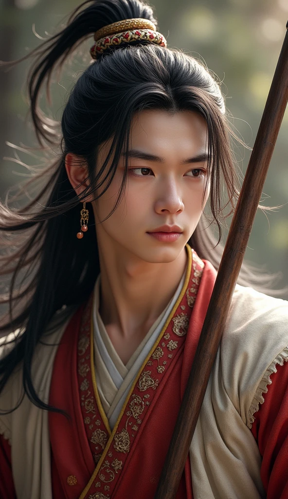 (Best Quality, 8k, masterpiece :1.3), Handsome young man with perfect figure and long hair. :1.4, Zhong Li, Zhongli, Dark brown hair, puffed out chest, genshin impact, ruined, in the hands of a spear, Highly detailed face and skin., detailed eyes, double eyelid