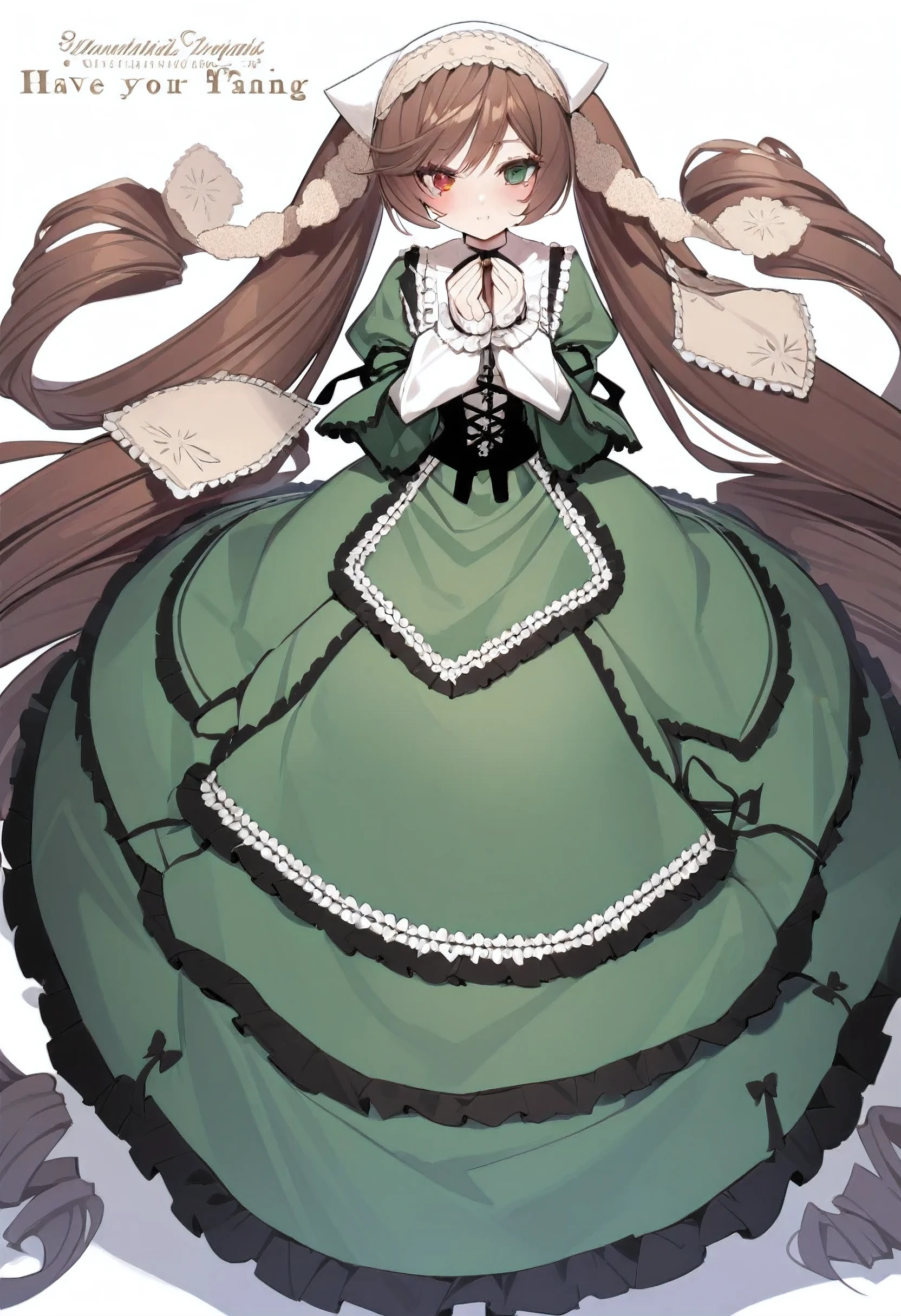 suiseiseki, alone, Long Hair, Heterochromia iridis, very Long Hair, Brown Hair, Green Eyes, dress, gear, Red eyes, Have, green dress, Twin tails, Frills, ribbon, with own hands, corset, Long sleeve, View your viewers, Drill Hair, hair band, absurdly Long Hair, Hold my hand tightly, , masterpiece, Highest quality, slow,  