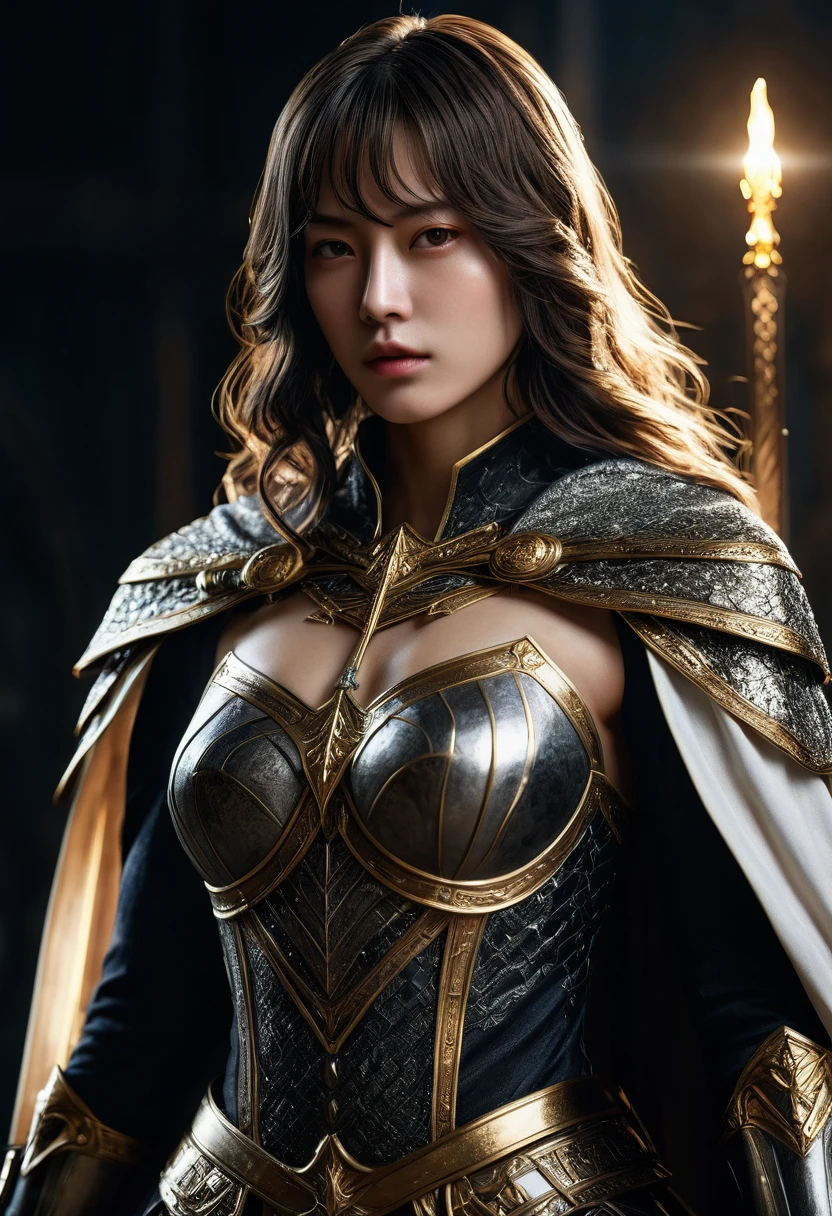 genius idol Akechi, long hair, black hair, subtle makeup, golden hour, photorealistic, high contrast, 8k HD, detailed, hyper-detailed, realistic skin texture, tiny breast, best quality, ultra high res, raw photo, dramatic lighting, unreal engine, diffuse glow intricate silver eaba, white imperial cape, spear, ((sword)), no helm, intricate details High Quality, 8k, Realistic, Ultra-Detailed, Dramatic Lighting, Soft Focus, Digital Illustration, Intense Expression, Strong Gaze, Intense Emotion, Complex Mechanics, Advanced Technology, Dark Background, Cinematic, High Contrast, Moody, Strict, Atmosphere, (Best Quality, 4k, 8k, High Definition, Masterpiece: 1. 2 ), ultra-detailed, (realistic, graphic, photorealistic:1.37) --no glass