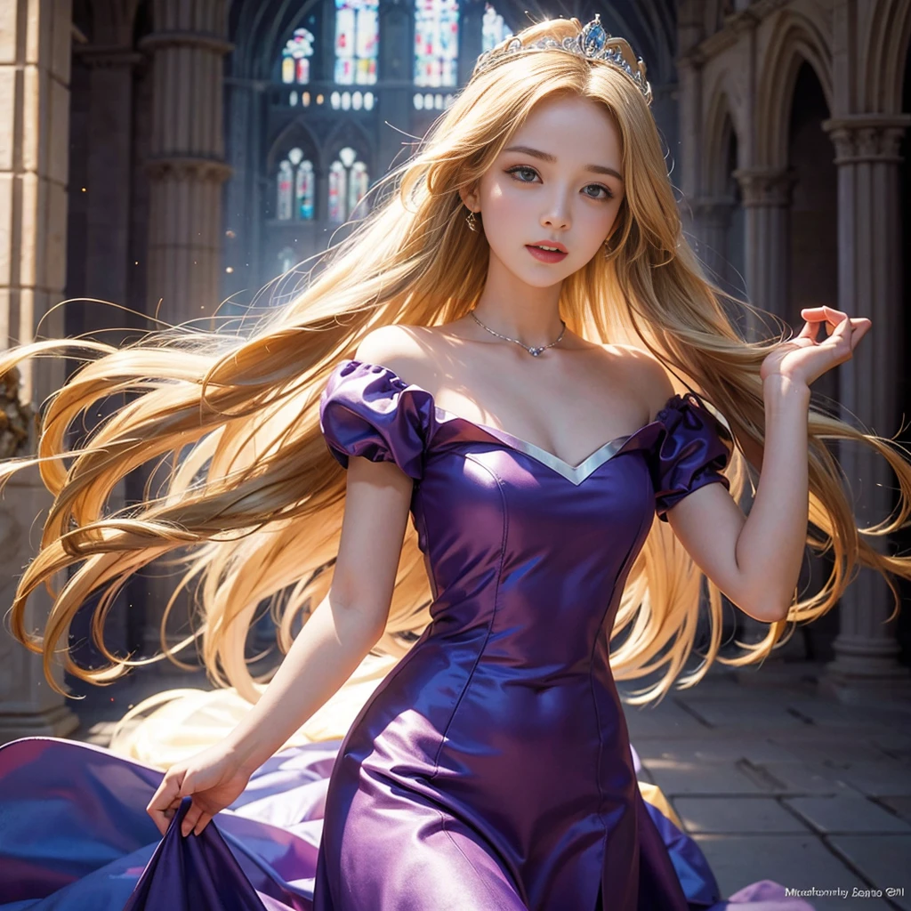 best quality, masterpiece, 1 girl, A huge laugh, cute , long blonde hair, shiny lips, sweet, sun glare, Conservative attire, Disney Princess Rapunzel, Purple dress, Bridal Tiara, depth of field, blurred background, Cathedral Background, light particles, strong wind, head tilt