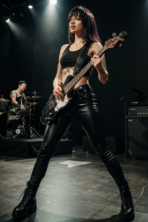 Punk Girl, fully body, standing, wearing black tank top, black leggings, black military boots, playing bass guitar em show de rock'n'roll