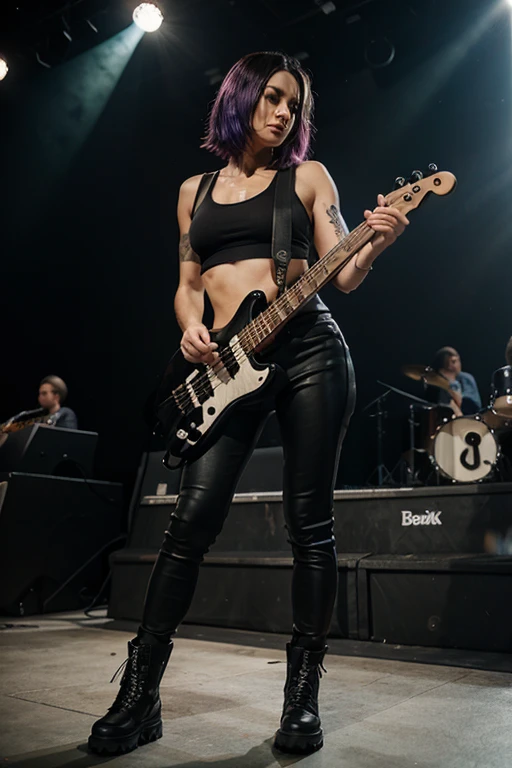 Punk Girl, fully body, standing, wearing black tank top, black leggings, black military boots, playing bass guitar em show de rock'n'roll