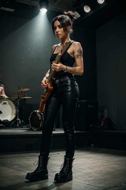 Punk Girl, fully body, standing, wearing black tank top, black leggings, black military boots, playing bass guitar em show de rock'n'roll