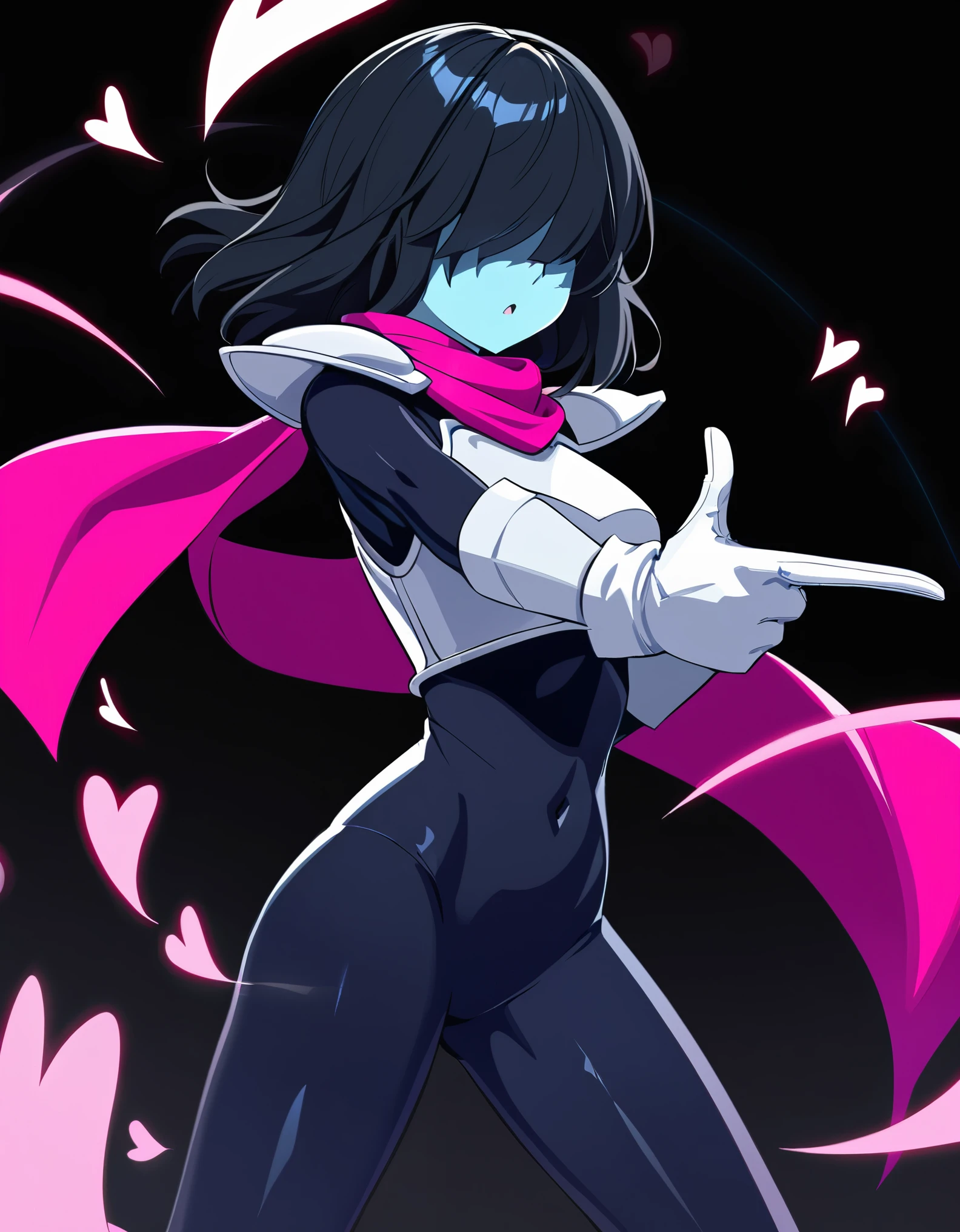 (from side:0.5, outstretched arm, hearts, finger gun, white gloves, confident pose, legs apart, darkkris, 1girl, solo), blue skin, slim waist, black bodysuit, (breasts:0.1, white breastplate, shoulder armor), pink scarf:0.3, (medium hair, long hair:0.3, black hair, shaded face, hair over eyes, no eyes), (black background)