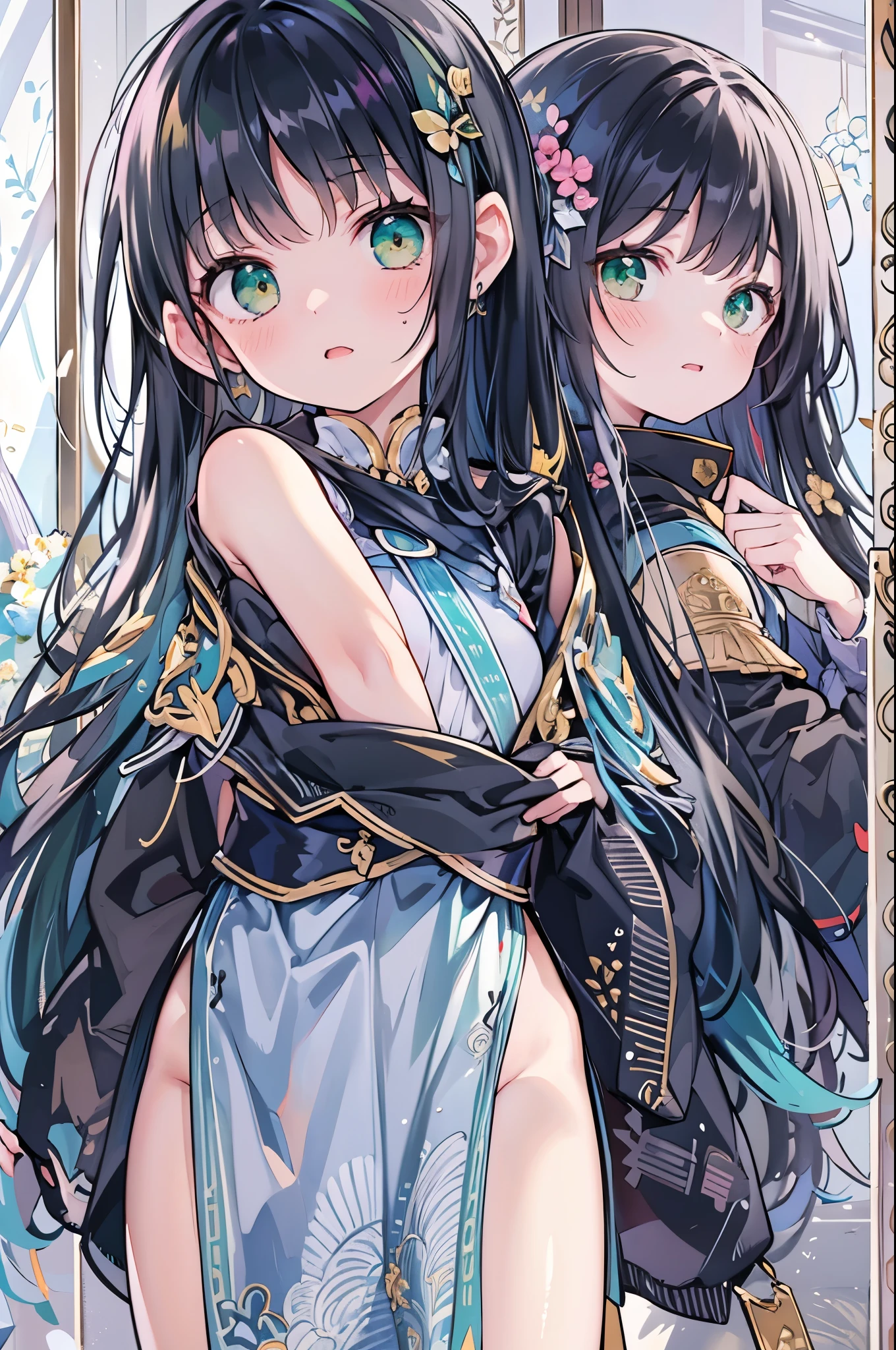 ((2 frames),,((Highest quality, 8k, masterpiece: 1.3)), whole body,1 personの,1 person,,Glamorous Body,cute,Troubled face,Black Hair,Beautiful emerald green eyes,long hair,Stand in front,
