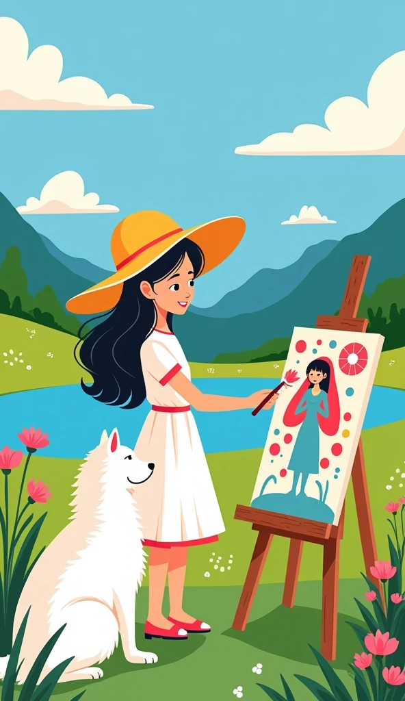 A girl in a white dress and sun hat stands painting on an easel in the grass, her Samoyed dog sitting nearby. bold lines and solid colors,doodle in the style of Keith Haring,minimalism,The background features a blue sky, green meadow, lake, Pink flowers, colorful, and clouds, comic color and bold lines. A simple illustration in the style of a children's book.