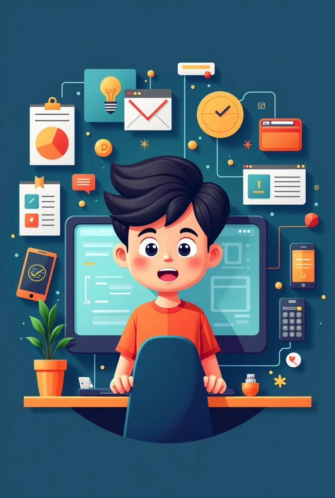 Create a digital post logo for website that show a boy posting an object on internet through desktop watching into desktop surround with multiple items like phone, pendrive, wallet etc. reverse it