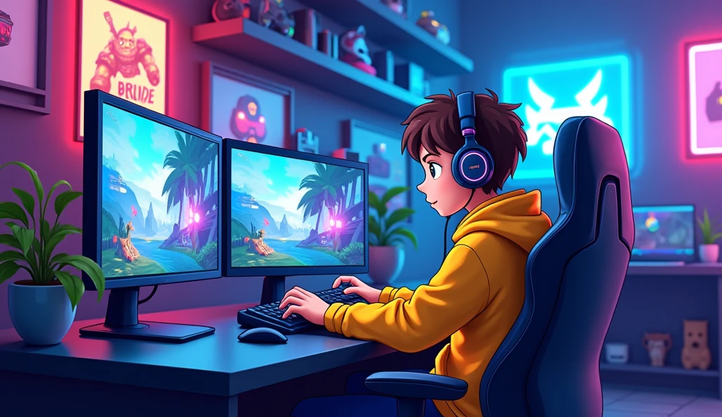 
"A catoon  wearing a bright yellow hoodie is sitting at a modern gaming setup. He’s at a sleek black desk with multiple monitors displaying vibrant game screens. The background features a high-tech gaming studio with neon lights, posters of popular games, and shelves filled with gaming gear and collectibles. The boy's face shows concentration and excitement as he’s deeply engaged in a game, with a headset resting around his neck and a controller in his hands. The entire scene is bathed in a cool blue and purple light, creating an immersive gaming atmosphere."