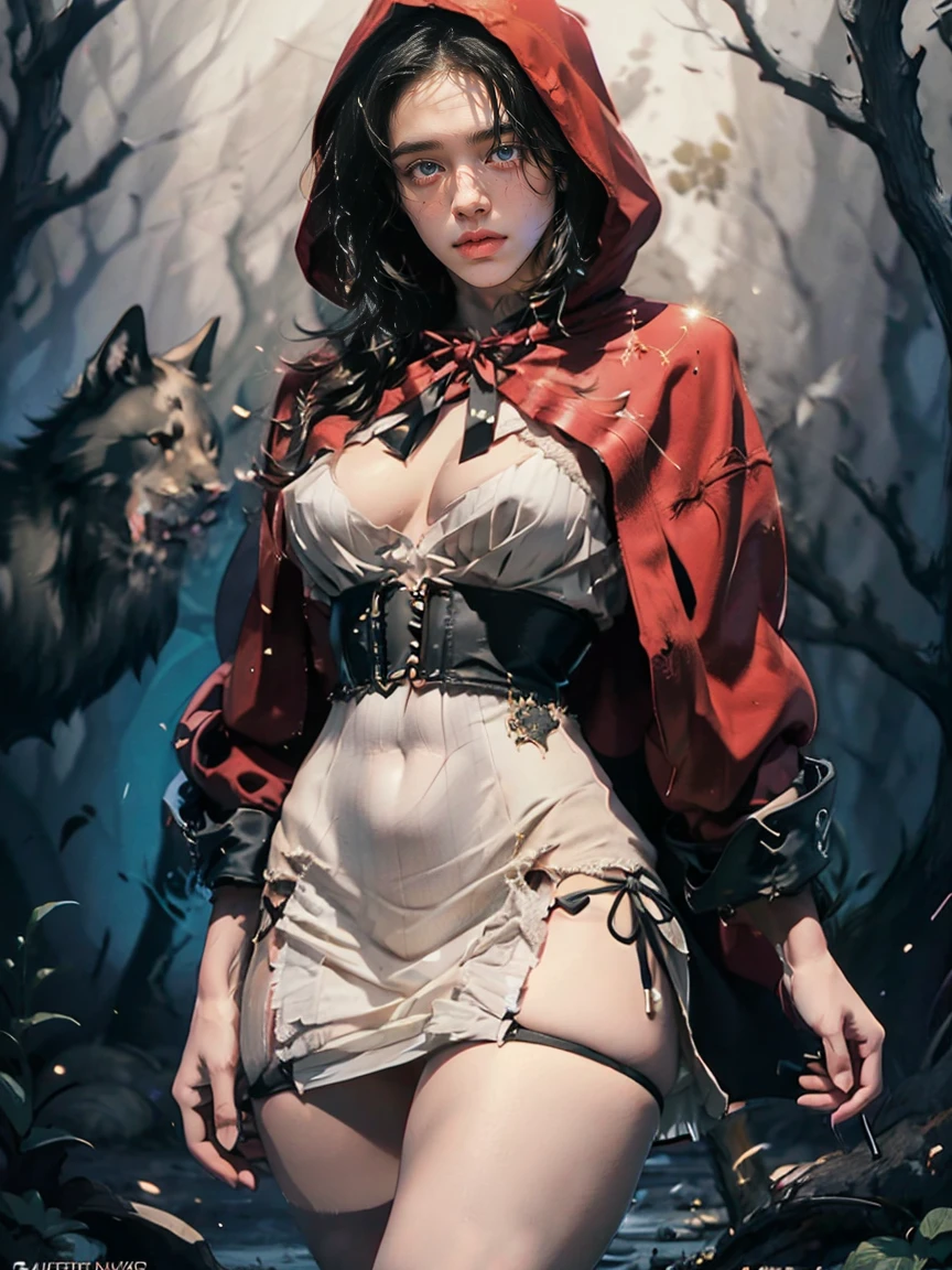 male, LITTLE RED RIDING HOOD, 1, short black bob, male hair style, sexy dress, big boobs , Red lace panties visible.,Random camera angle.,Close the center of the image..., light particles, Attention to details, Grandeur and awe, cinema, A stunning visual masterpiece, double exposure, realistic, cinematic scene, Highest quality, 32ก, lewd, erotic,