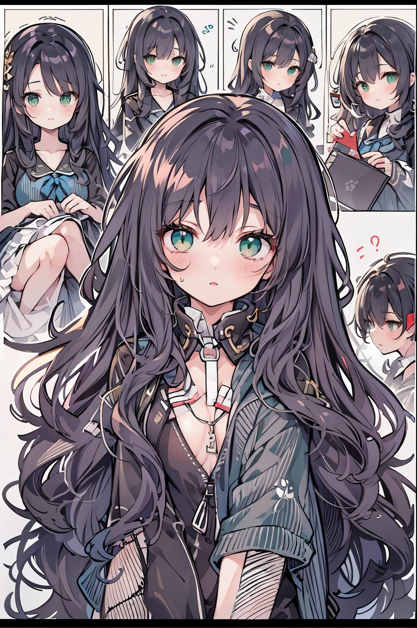 ((2-panel cartoon)),((Highest quality, 8k, masterpiece: 1.3)), whole body,1 personの,1 person,,Glamorous Body,cute,Troubled face,Black Hair,Beautiful emerald green eyes,long hair,Stand in front,