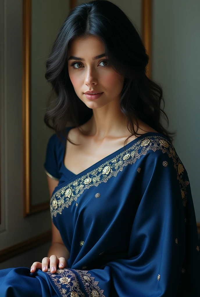beautiful woman in dark blue saree
