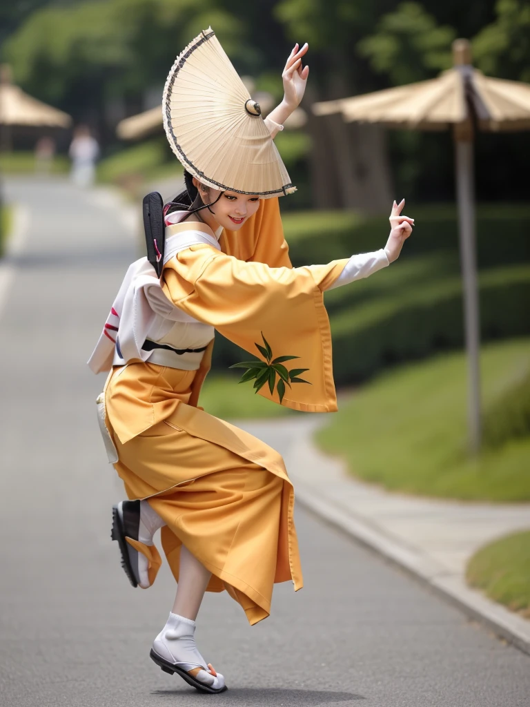 Photo-realistic quality、A woman wearing a pale pink kimono and a hat is dancing on the grass in the park,White sleeves、 traditional Japanese kimono, A professional masterpiece, Beautiful images, Japanese Model, Traditional Japanese Kimono Japanese Bon Odori,A soft and gentle look、Woman dancing Awa Odori、White Arms、Wearing black clogs