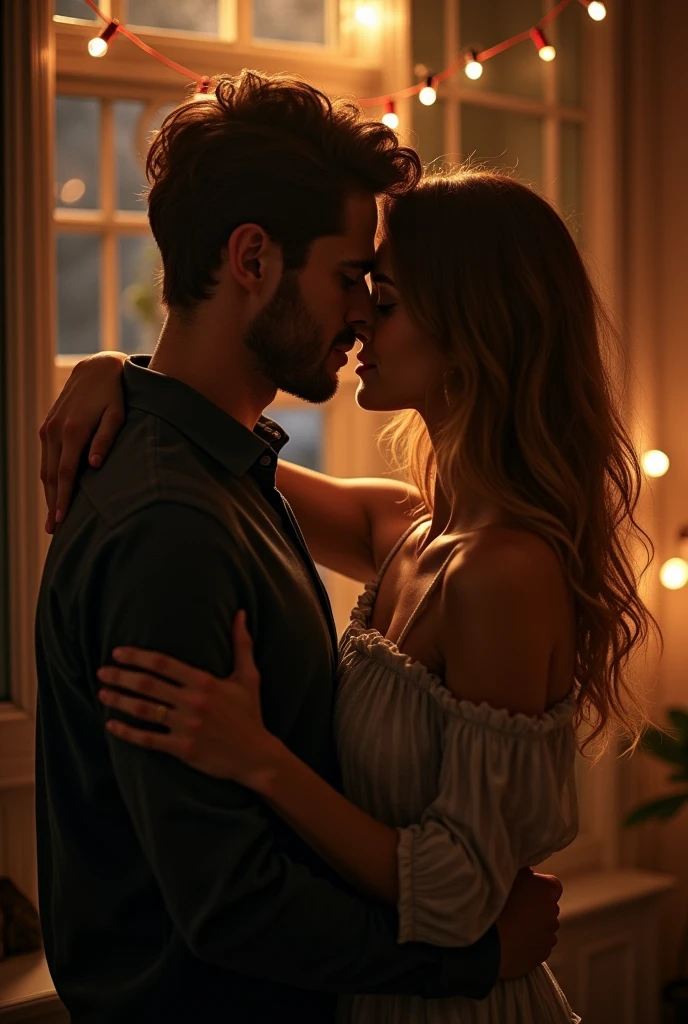 Two people starting hugging and kissing