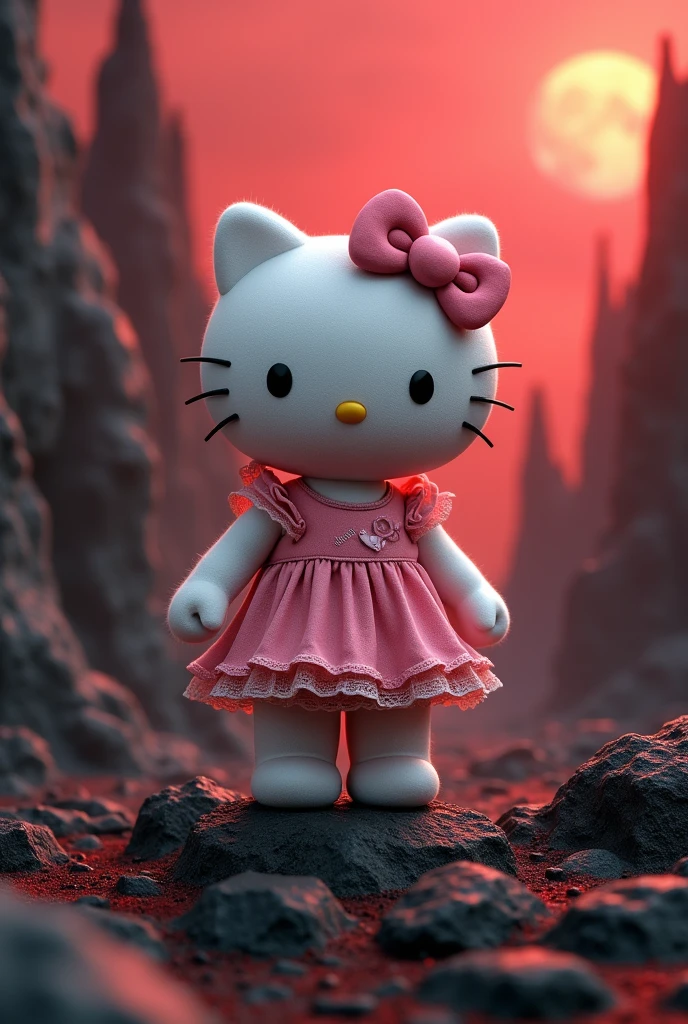 A cute furry hello kitty in a pink dress in hell