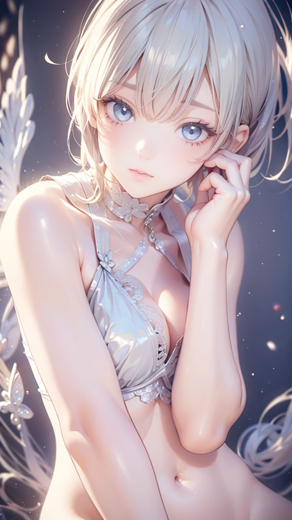 (((depict young pure girll))), (((top-quality, masterpiece))), ((lace lingerie)), ((swirling veil)) ((cute white lingerie with lot of details)), (((light blue ribbons on lingerie))), straight blond hair, deep blue eyes, ((small breasts)), nice hips, open shoulder, (Masterpiece, Excellent, complex details), delicate girl, delicate face, soft, pure, light, happy smille