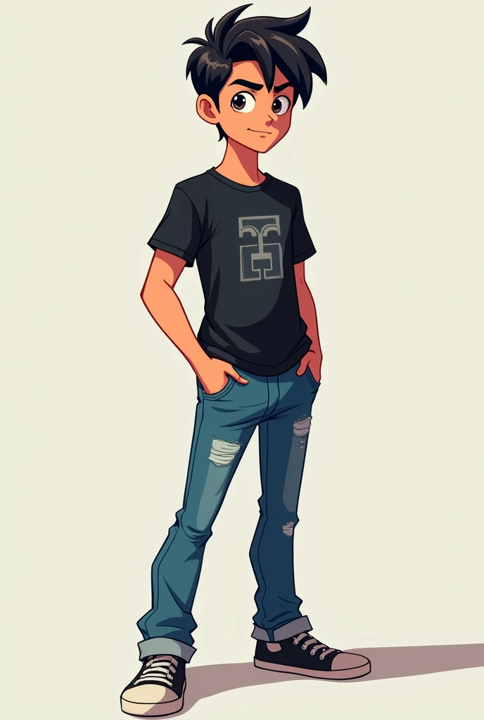 Create a image of a teenager boy wearing black tshirt and blue jeans in 2d anime style 