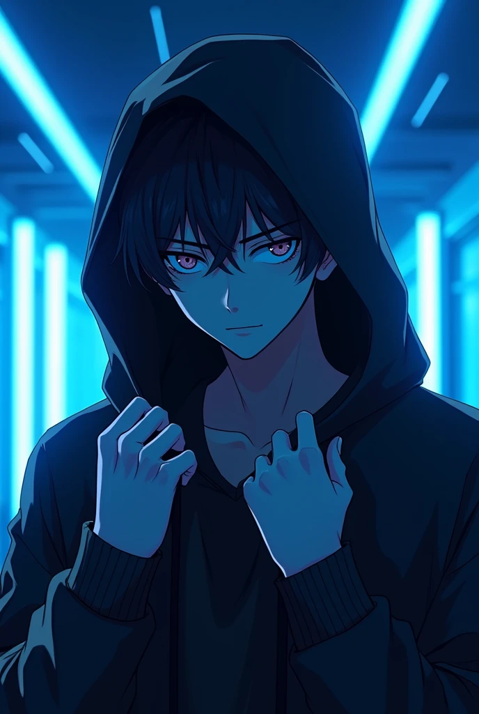 estyle anime, a handsome guy、serious expression、please close your mouth、He is wearing a black hoodie and has his hood up.、Grabbing the hood with both hands、cool look、blue neon light、Highly Detailed CG Unity 8K Wallpaper, (super masterpiece, beautiful person, well detailed face polluted smile, It&#39;s photorealistic, hyper realistic)