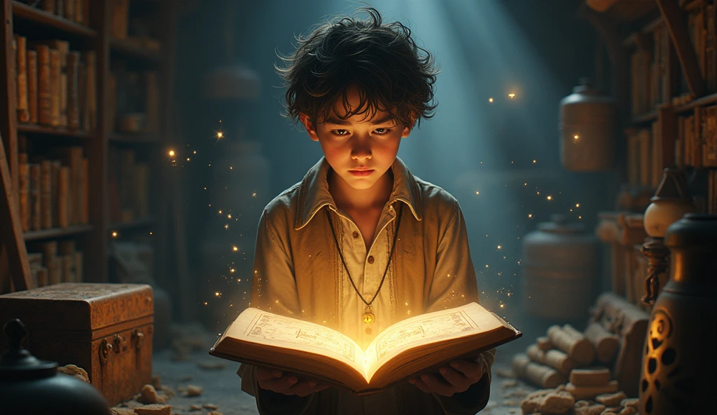Attic with old books and dusty items. Milio holds an open, ancient book with a glowing map showing a path leading to the stars.