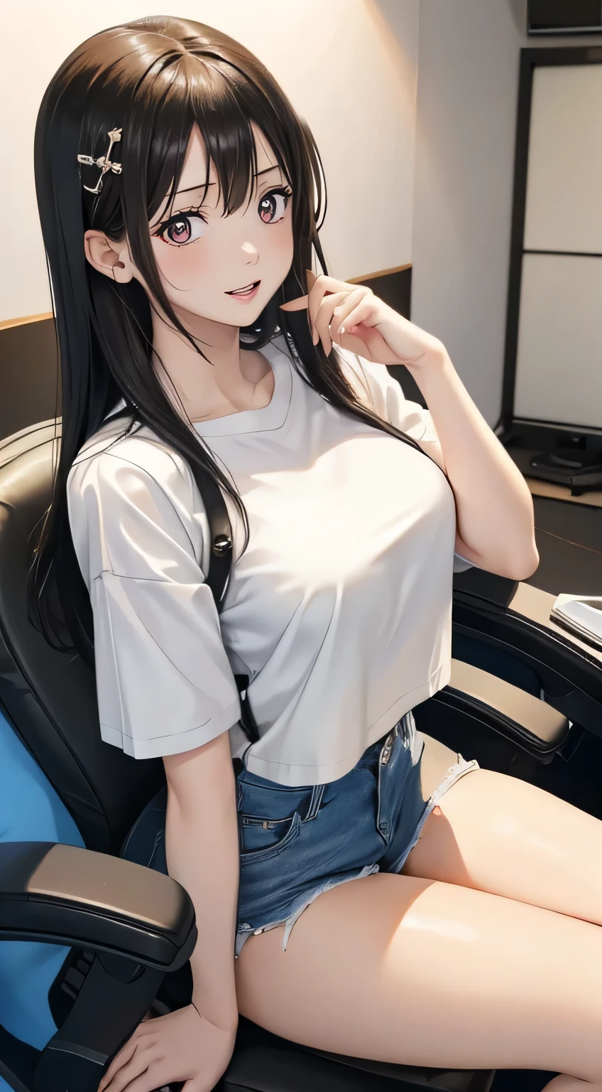 Young Japanese idol with long black hair, (Ample breasts). He is wearing a short-sleeved white T-shirt and denim shorts, Sitting on a chair in a TV studio. She is smiling warmly at the camera. Studio lighting can be seen in the background.