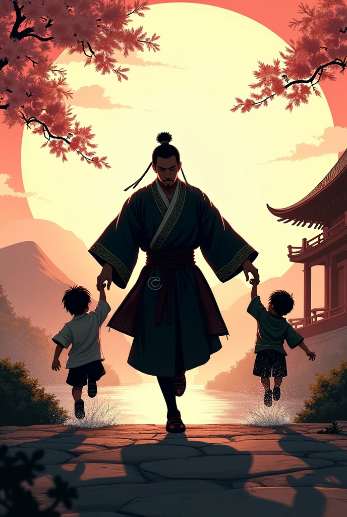 Une silhouette qui représente un homme féodale japonais qui sauve deux enfants au même moment mais pas au même endroit et cette silhouette tend la main aux deux enfants