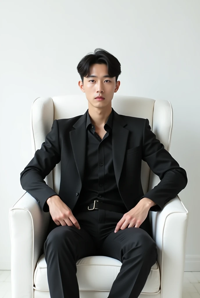 25 yearsold korean man sitting in the white royal chair with white background and her 2 hands put it in the armchair with a blacksuit