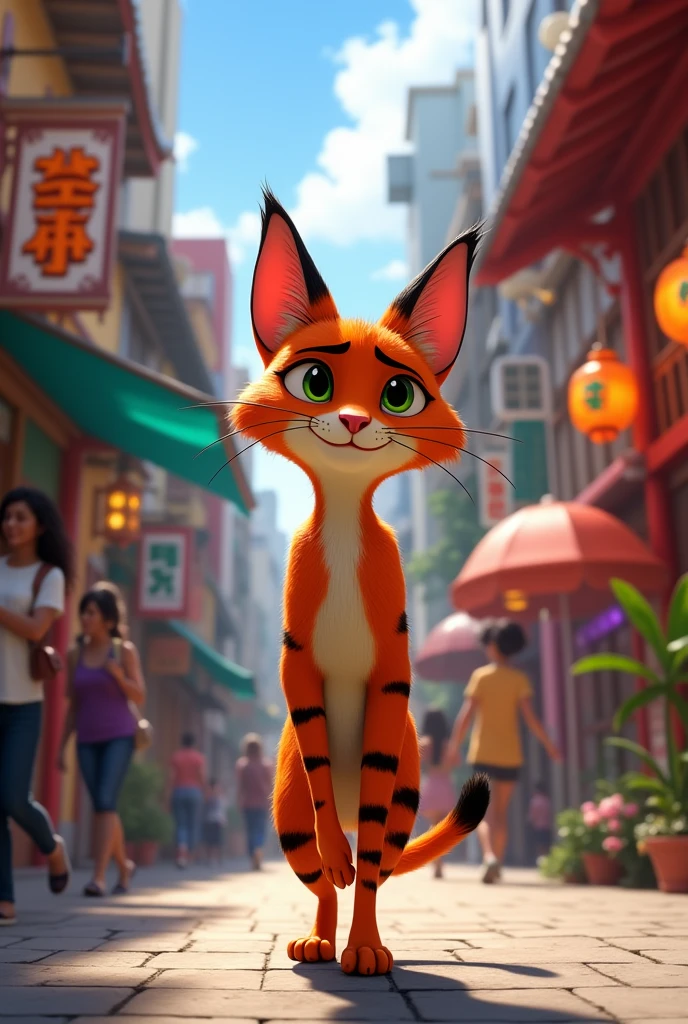 Create an image of a Zootopia-style orange-striped cat, walking through the streets of the Liberdade neighborhood, in Sao Paulo.