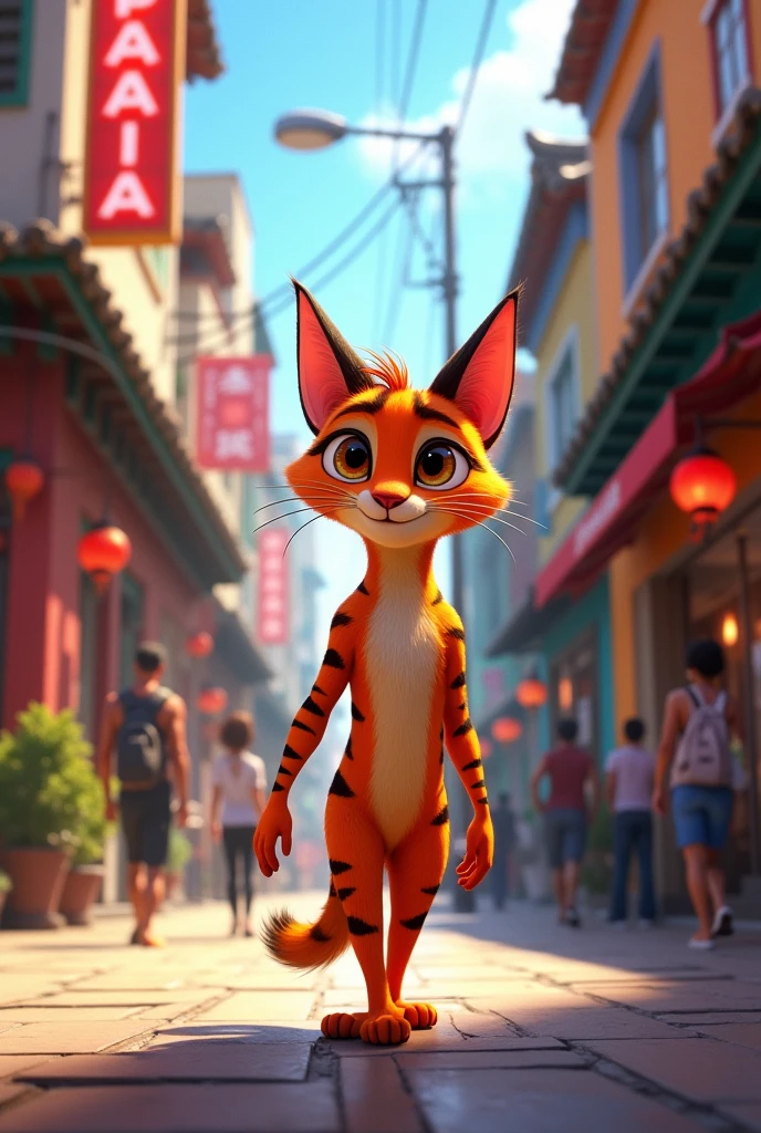 Create an image of a Zootopia-style orange-striped cat, walking through the streets of the Liberdade neighborhood, in Sao Paulo.