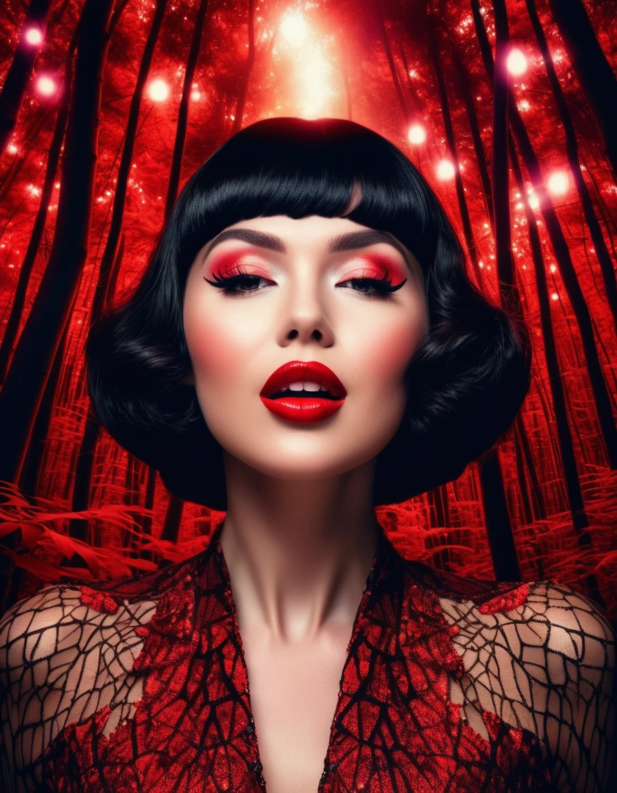 A provocative woman with a playful wink and a bold red lip, posed against a whimsical, dreamlike forest backdrop, illuminated by fractal light.