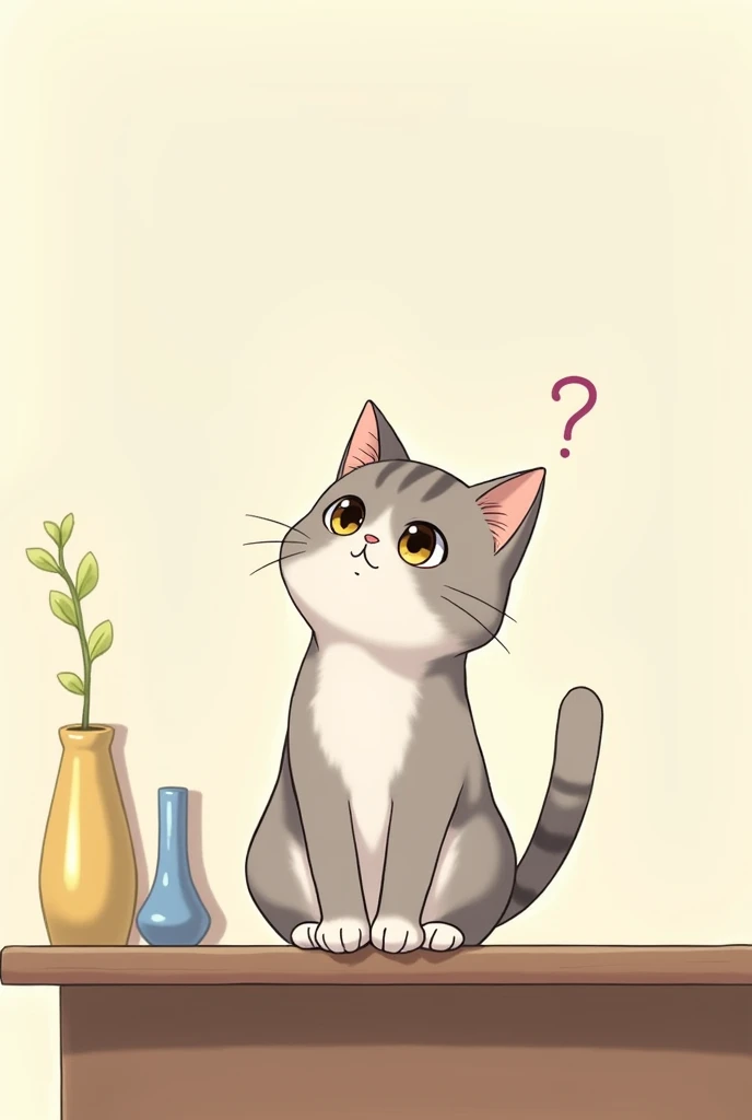 anime cat sitting while looking up and arms on a table side view