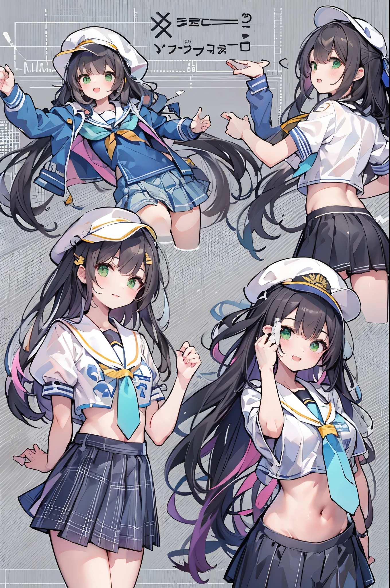 ((2-panel cartoon)),((Highest quality, 8k, masterpiece: 1.3)), whole body,1 personの,1 person,,Glamorous Body,cute,smile,Open your mouth,Black Hair,Beautiful emerald green eyes,long hair,Stand in front,Sailor suit,White short sleeve blouse,tie,Black pleated mini skirt,loafers,Cute gestures,