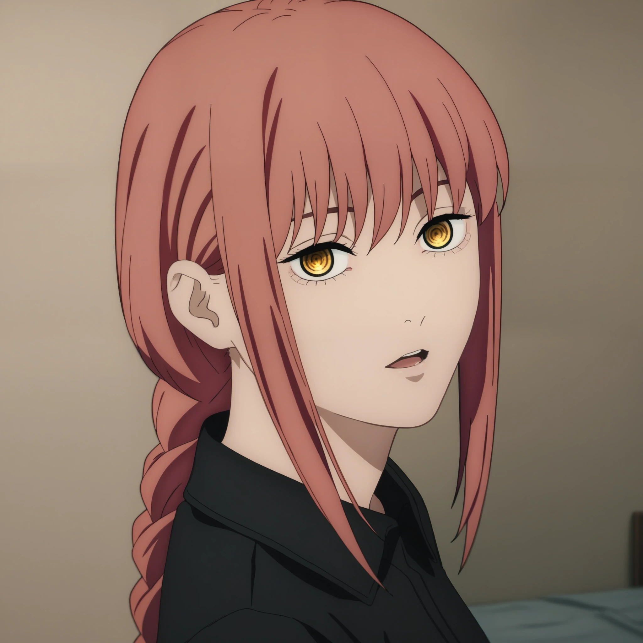 source_anime,
Makima, long hair,  Braided Ponytail ,red hair, detailed gold eyes, hair between eyes,(( perfect eyes )), Perfect face, expressive eyes, close up face,
((undress black shirt)),bra ,pants,
indoors, bed, realistic bed room, kneeling, 
cowboy shot, looking at viewer, solo, dutch angle, [medium breast], open mouth,