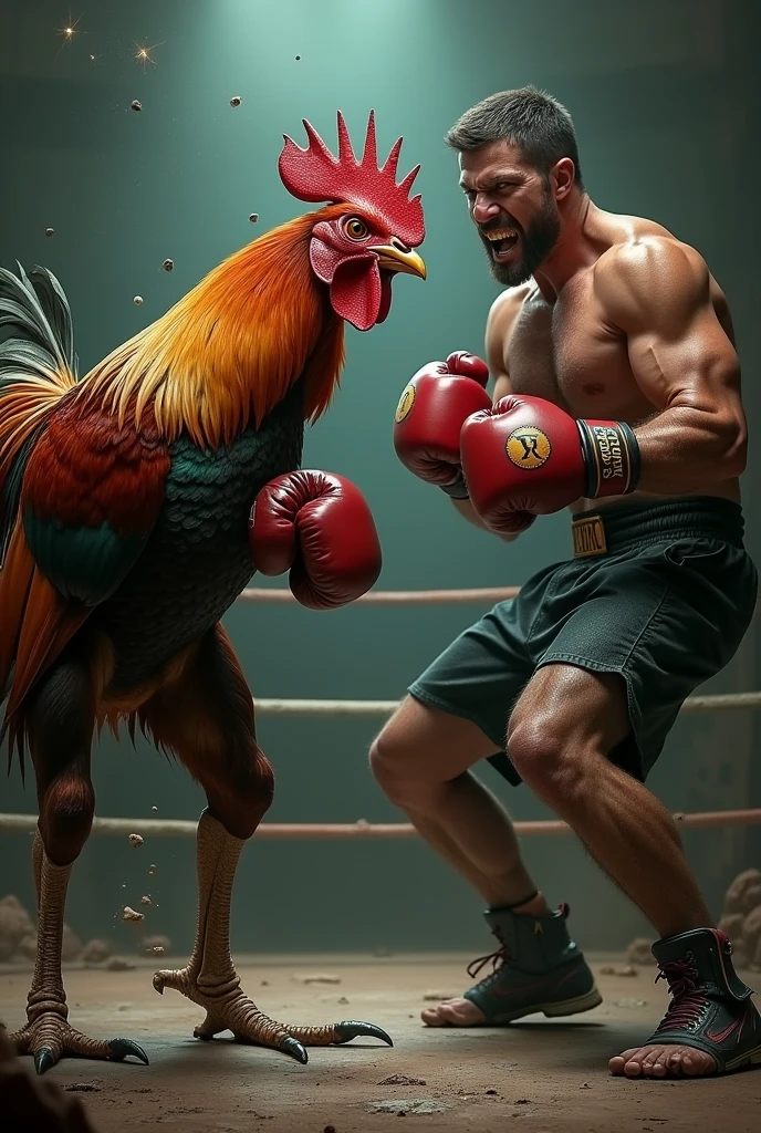 boxing rooster beating man
