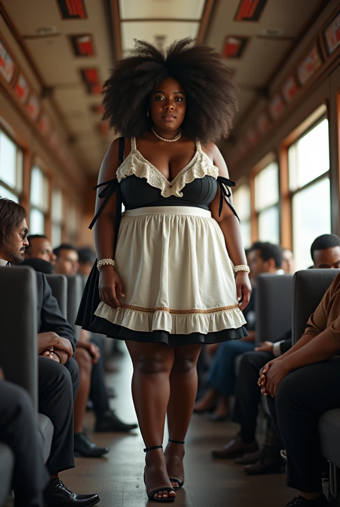 Hot cute fit tall thin African American black female. With fluffy hair. Massive xxl round breasts. Wearing a thin pligrim top hat. Wearing a white and black and brown pilgrim dress outfit. With pantyhose. Wearing pilgrim heels. Standing in the back of a train alone