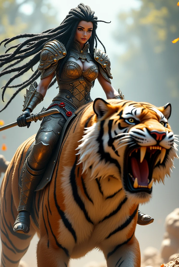 White skinned Barbie with blackred dreadlocks in armor is riding to war on a Sabre-toothed tiger