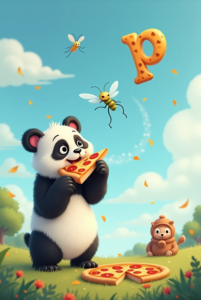 A cute panda eating pizza and a insect from letter 'p' flying in the sky with a human feature starting from letter 'p'.