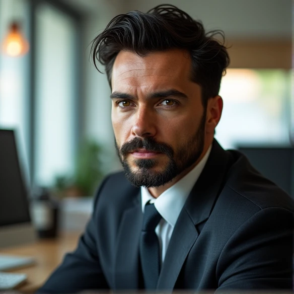 (photorealism:1.2), Handsome dark-haired man, brown eyes, somewhat scraggly beard, square jaw, dressed in office suit, office background