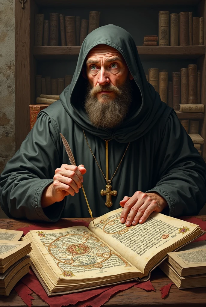 Top text: "Medieval Tech Support:"

Image: A monk or scribe in a dimly lit room, surrounded by ancient manuscripts, holding a quill pen and looking confused at an illuminated manuscript with overly complicated diagrams.

Bottom text: "Have you tried rebooting… your entire worldview?"

This one pokes fun at how complex and mystical medieval science and technology seemed, compared to modern tech support issues. It should get a good laugh for blending modern tech humor with historical context!