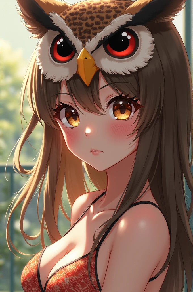 ((best quality)), ((masterpiece)), (detailed), perfect face, brown haired, girl, bikini, owl features