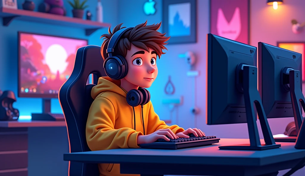 "A catoon who see in foont wearing a bright yellow hoodie is sitting at a modern gaming setup. He’s at a sleek black desk with multiple monitors displaying vibrant game screens. The background features a high-tech gaming studio with neon lights, posters of popular games, and shelves filled with gaming gear and collectibles. The boy's face shows concentration and excitement as he’s deeply engaged in a game, with a headset resting around his neck and a controller in his hands. The entire scene is bathed in a cool blue and purple light, creating an immersive gaming atmosphere."