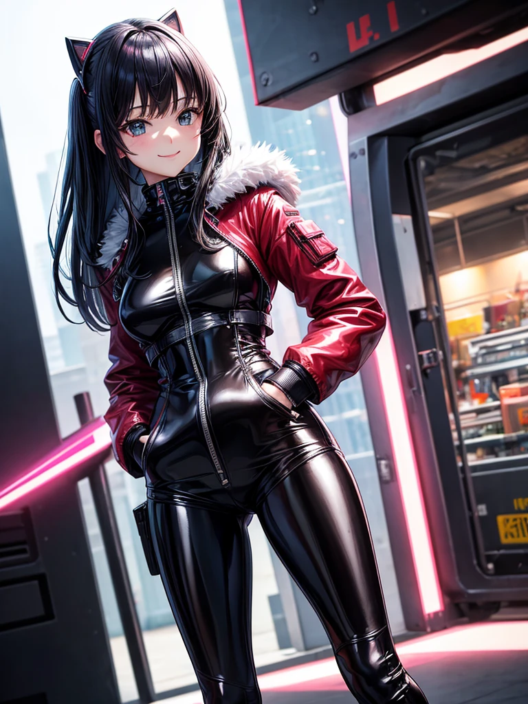 Best Quality,8k, girls,Colorful latex suit,Bodysuits,smile,robotに乗る戦闘員,I'm grating my bangs,SF,Straight Hair,fur jacket,Hands in pockets,Leather pants,perfectionにまっすぐな髪型,Smooth hair,beautiful girl,Standing posture,Cyberpunk Girl,Naughty・モデル,Absurd,Wearing,robot,I'm horny,Naughty,masterpiece,perfection,smile,Long Hair,