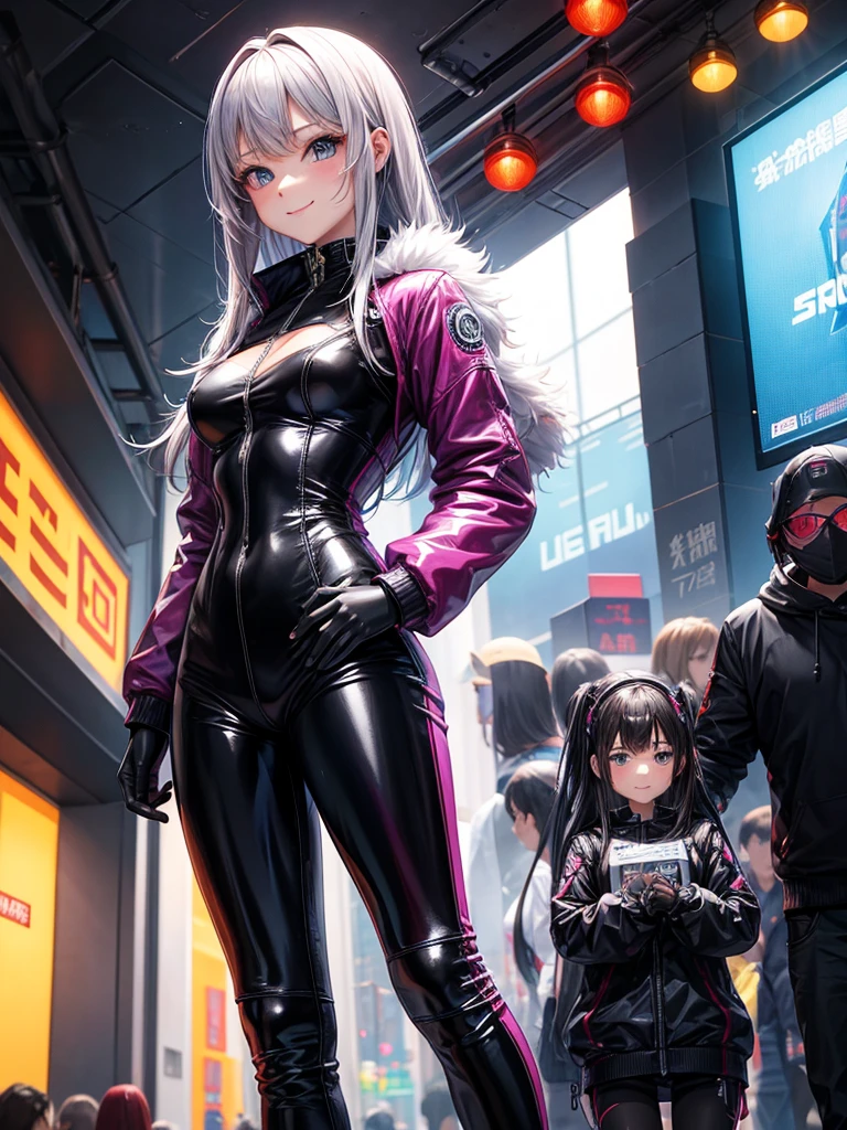 Best Quality,8k,middle School girls,Colorful latex suit,Bodysuits,smile,robotに乗る戦闘員,I'm grating my bangs,SF,Straight Hair,fur jacket,Hands in pockets,Leather pants,perfectionにまっすぐな髪型,Smooth hair,beautiful girl,Standing posture,Cyberpunk Girl,Naughty・モデル,Absurd,Wearing,robot,I'm horny,Naughty,masterpiece,perfection,smile,Long Hair,