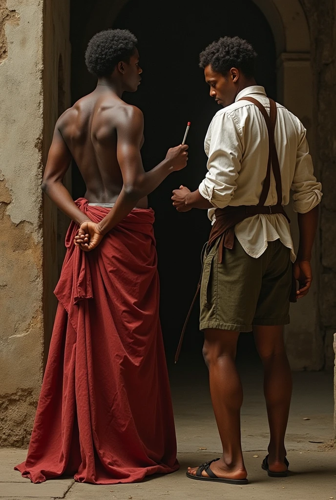 I need you to make me an image of a slave (black)Young woman from 1490 examining a man with back injuries